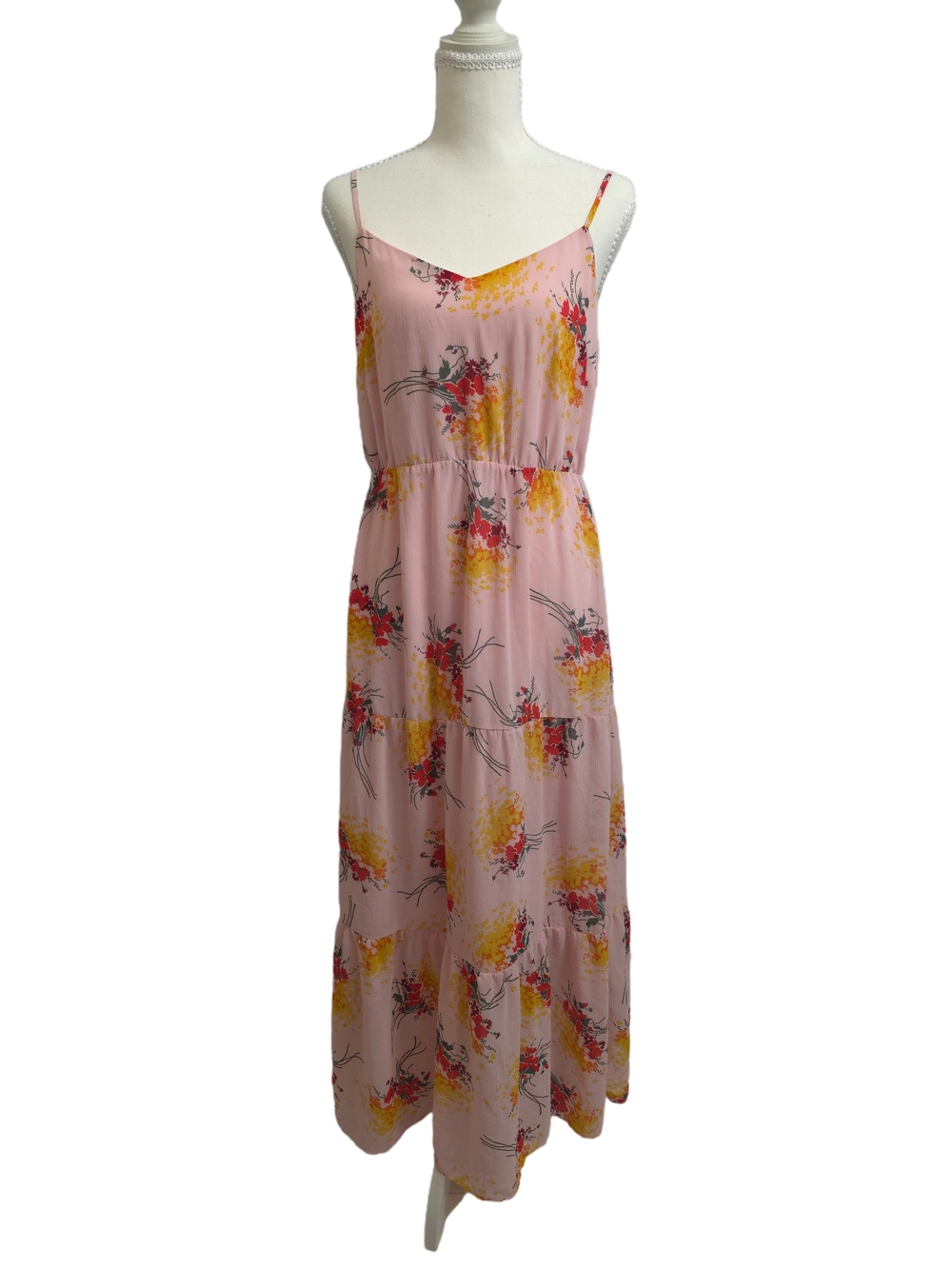 J. Crew Mercantile Pink Floral Tiered Maxi Dress Sunburst V Neck Size 8
